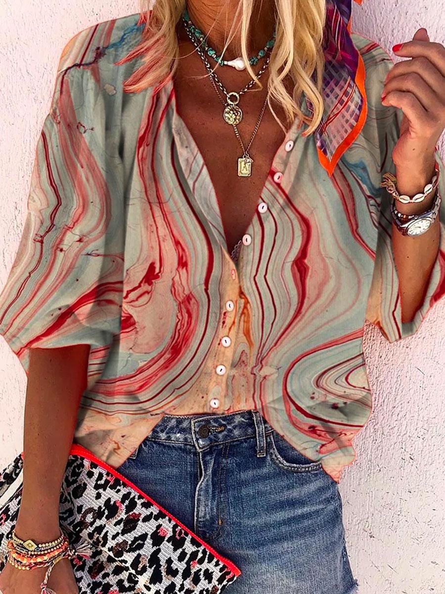 Line Art Printed Casual Loose Long Sleeve Blouse
