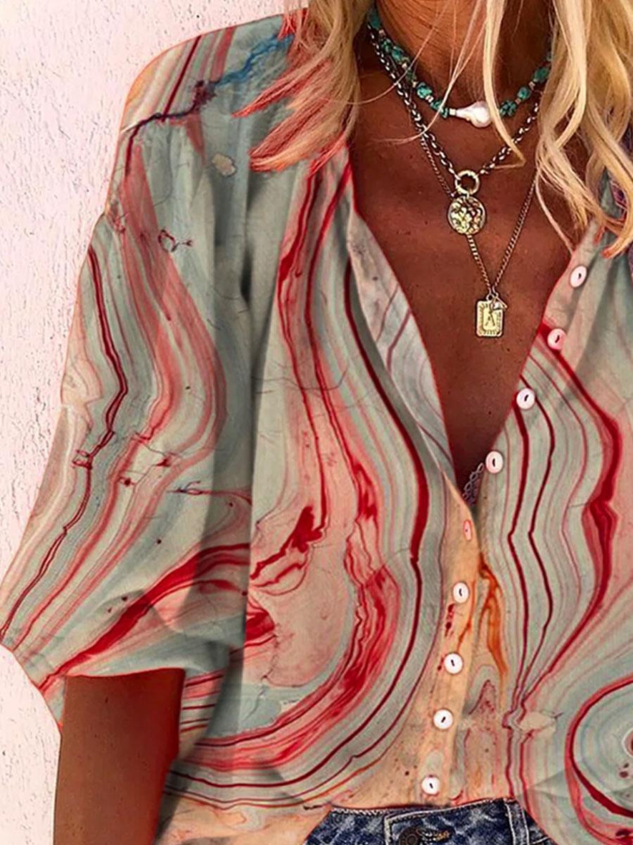 Line Art Printed Casual Loose Long Sleeve Blouse