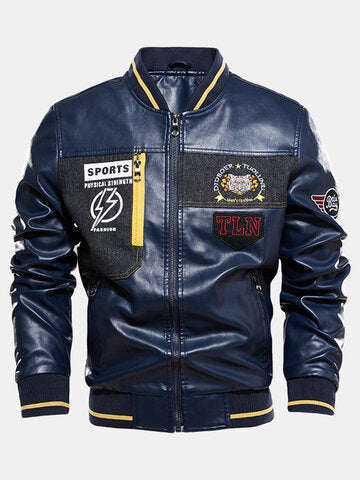 mens pu leather casual fleece lined thick varsity jacket with badges