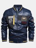 mens pu leather casual fleece lined thick varsity jacket with badges
