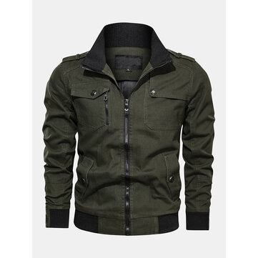 mens plain multi pockets turn down collar long sleeve cargo jackets