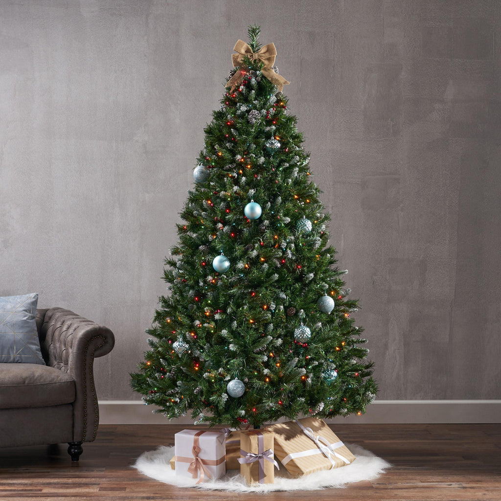 Noble House 7 Foot Artificial Mixed Spruce Christmas Tree with Frosted Branches, Red Berries, and Frosted Pinecones, Green/Multicolored Lights