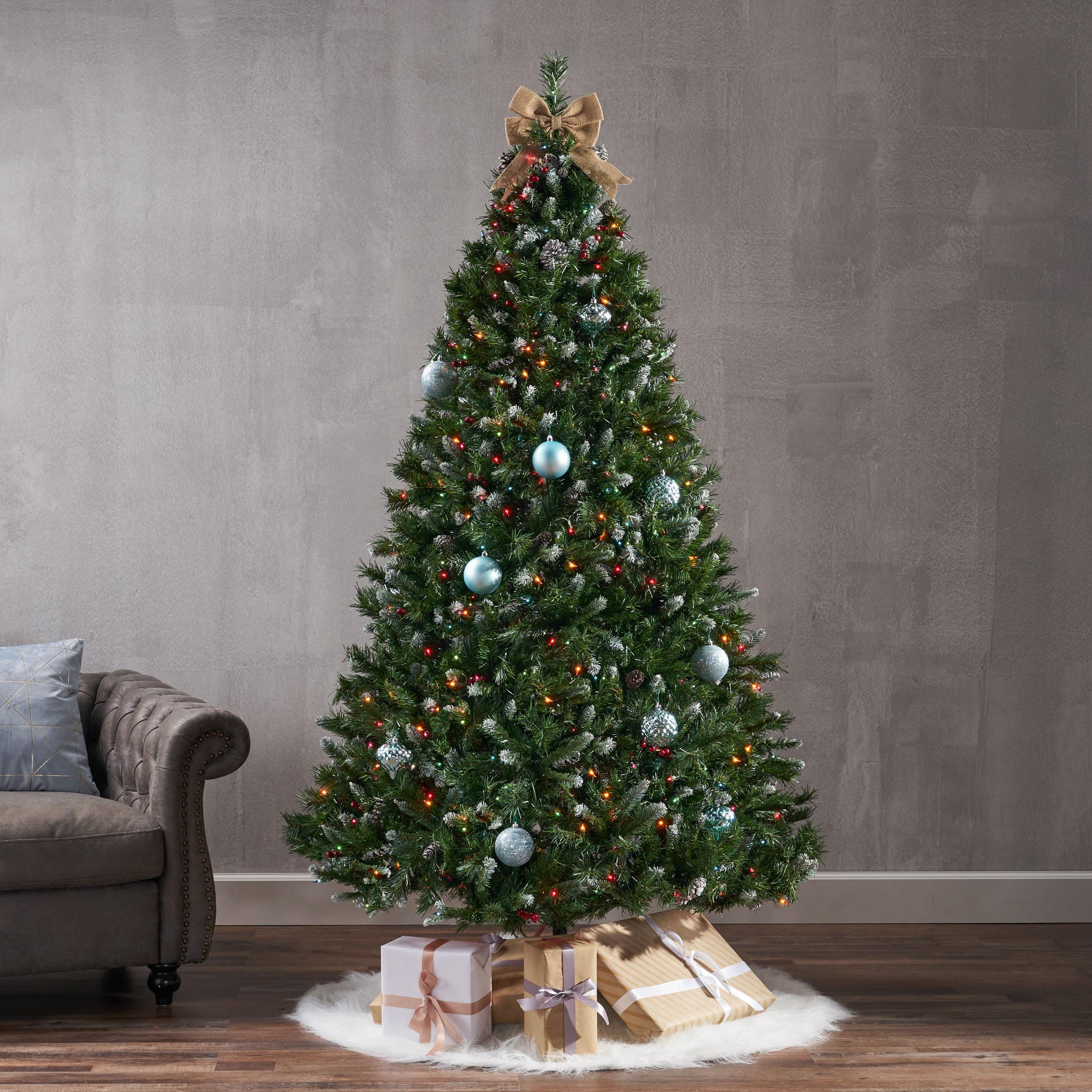 Noble House 7 Foot Artificial Mixed Spruce Christmas Tree with Frosted Branches, Red Berries, and Frosted Pinecones, Green/Multicolored Lights
