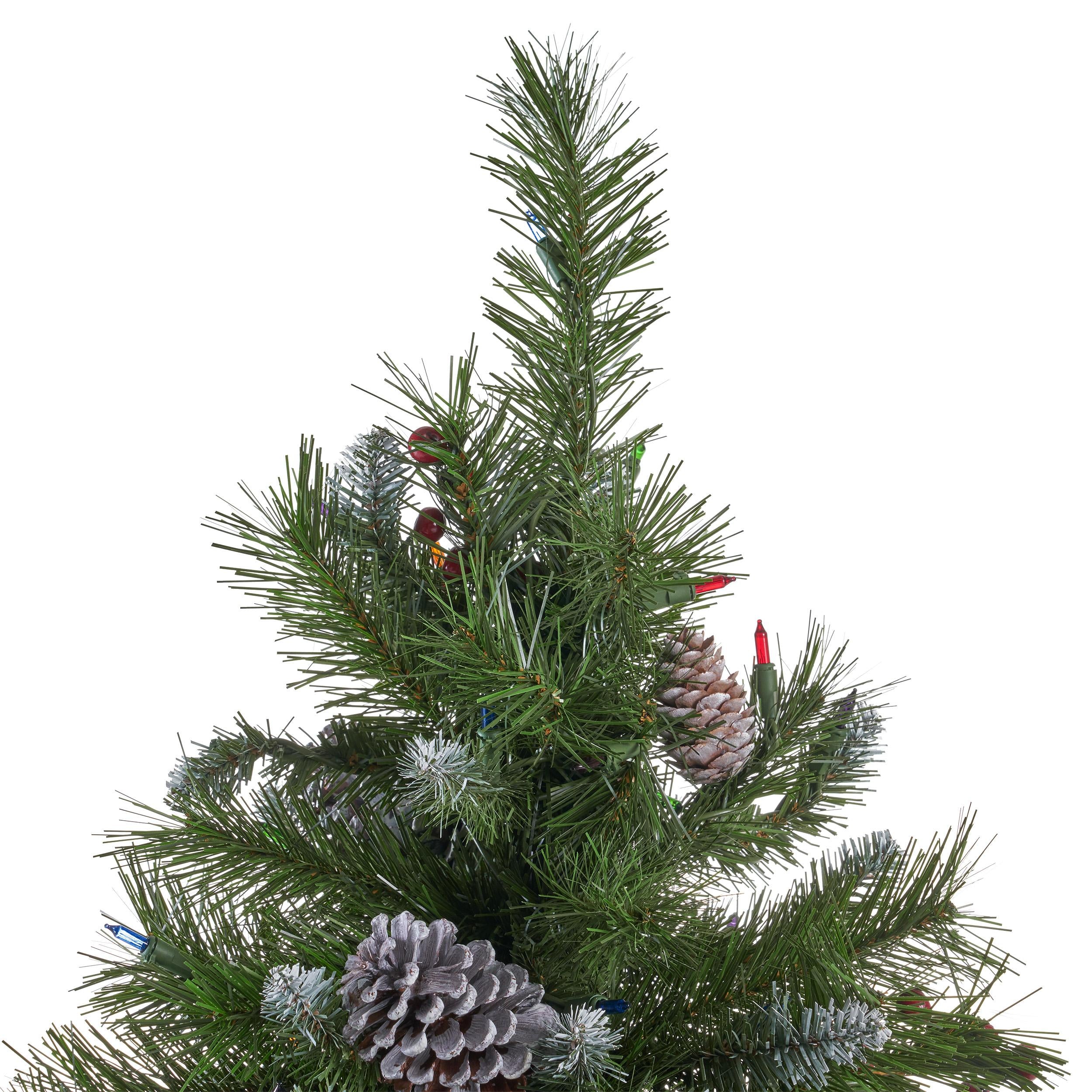 Noble House 7 Foot Artificial Mixed Spruce Christmas Tree with Frosted Branches, Red Berries, and Frosted Pinecones, Green/Multicolored Lights