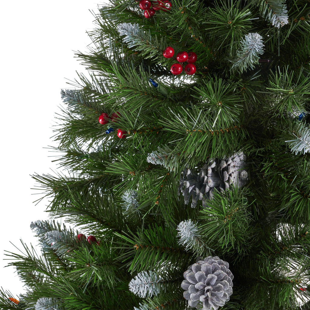 Noble House 7 Foot Artificial Mixed Spruce Christmas Tree with Frosted Branches, Red Berries, and Frosted Pinecones, Green/Multicolored Lights