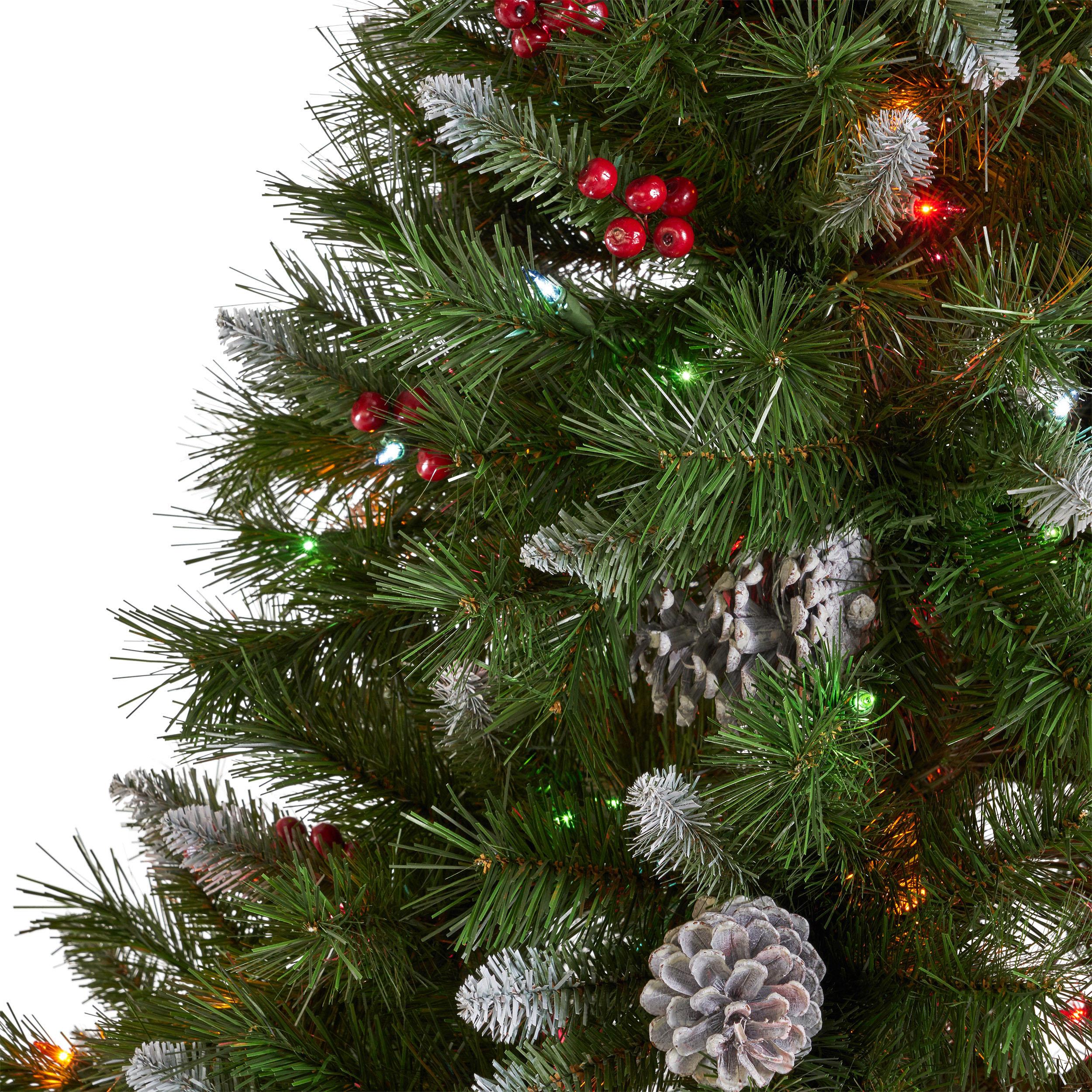 Noble House 7 Foot Artificial Mixed Spruce Christmas Tree with Frosted Branches, Red Berries, and Frosted Pinecones, Green/Multicolored Lights