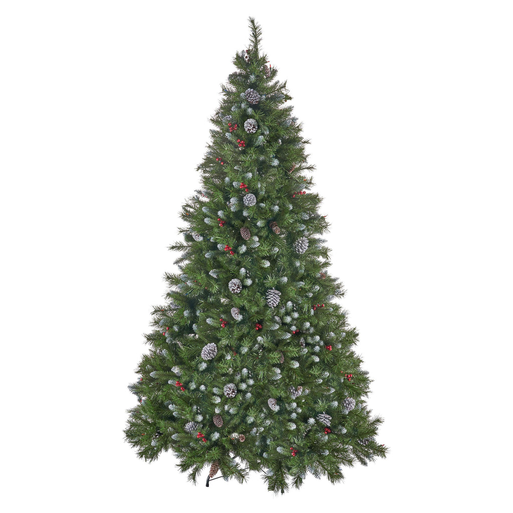 Noble House 7 Foot Artificial Mixed Spruce Christmas Tree with Frosted Branches, Red Berries, and Frosted Pinecones, Green/Multicolored Lights
