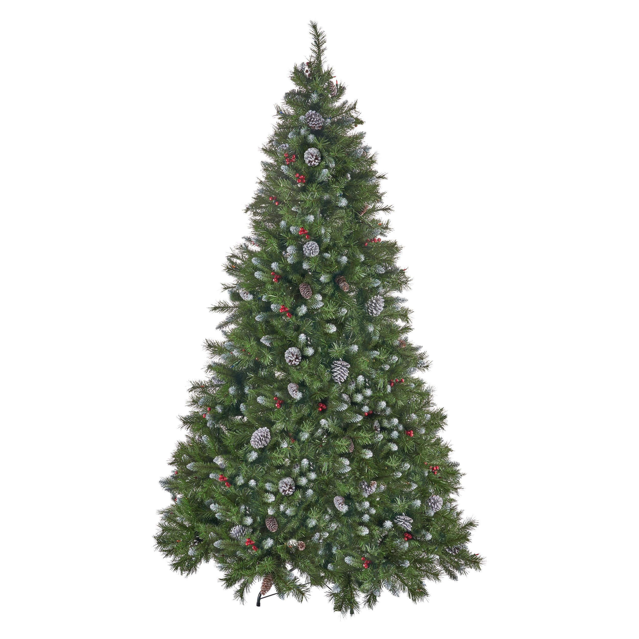 Noble House 7 Foot Artificial Mixed Spruce Christmas Tree with Frosted Branches, Red Berries, and Frosted Pinecones, Green/Multicolored Lights