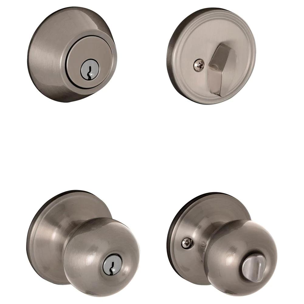 Satin Nickel Single Cylinder Deadbolt and Jeffir Keyed Entry Door Knob Combo Pack