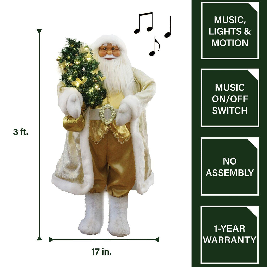 Fraser Hill Farm 3-Ft. Music and Motion Santa with Prelit Christmas Tree, Holiday Indoor Home Decor, FASC036M-19WHTGLD