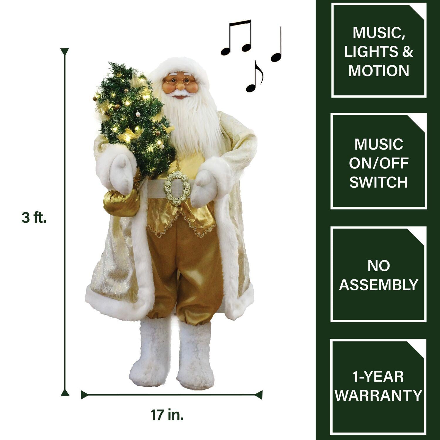 Fraser Hill Farm 3-Ft. Music and Motion Santa with Prelit Christmas Tree, Holiday Indoor Home Decor, FASC036M-19WHTGLD