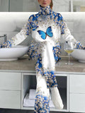 Women's Elegant Blue Butterfly Floral Print Suit