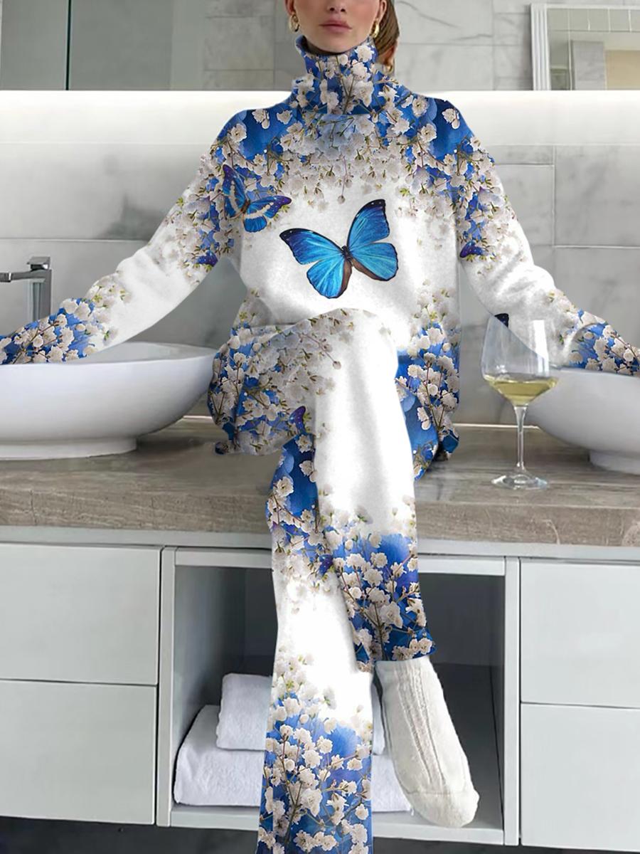 Women's Elegant Blue Butterfly Floral Print Suit