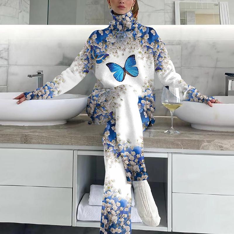 Women's Elegant Blue Butterfly Floral Print Suit