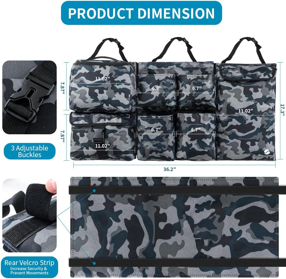 Car Trunk Organizer with Cooler, Hanging Car Organizers and Storage with Large Pockets, Zippers Detachable Seat Back Organizers Storage, Waterproof Car Storage Trunk Organizer for Jeeps, SUVs, Camo