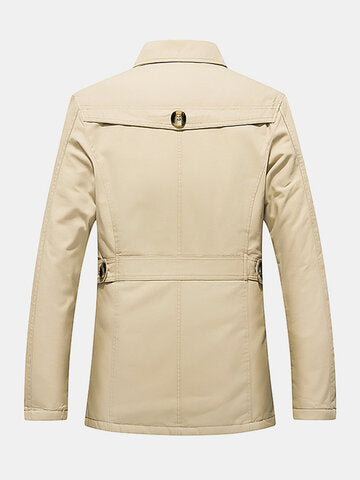 mens cotton thick plush lined button front lapel warm overcoats with pocket