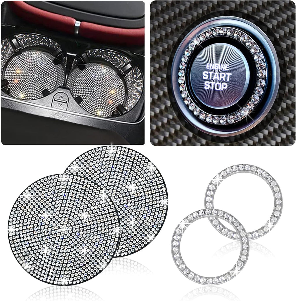 2pcs Bling Car Cup Holder Coasters &amp; 2pcs Push Start Button, 2.75 inch Anti-Slip Shockproof Universal Vehicle Coasters Insert, Bling Car Interior Accessories for Women Suits for Most Cars (White)