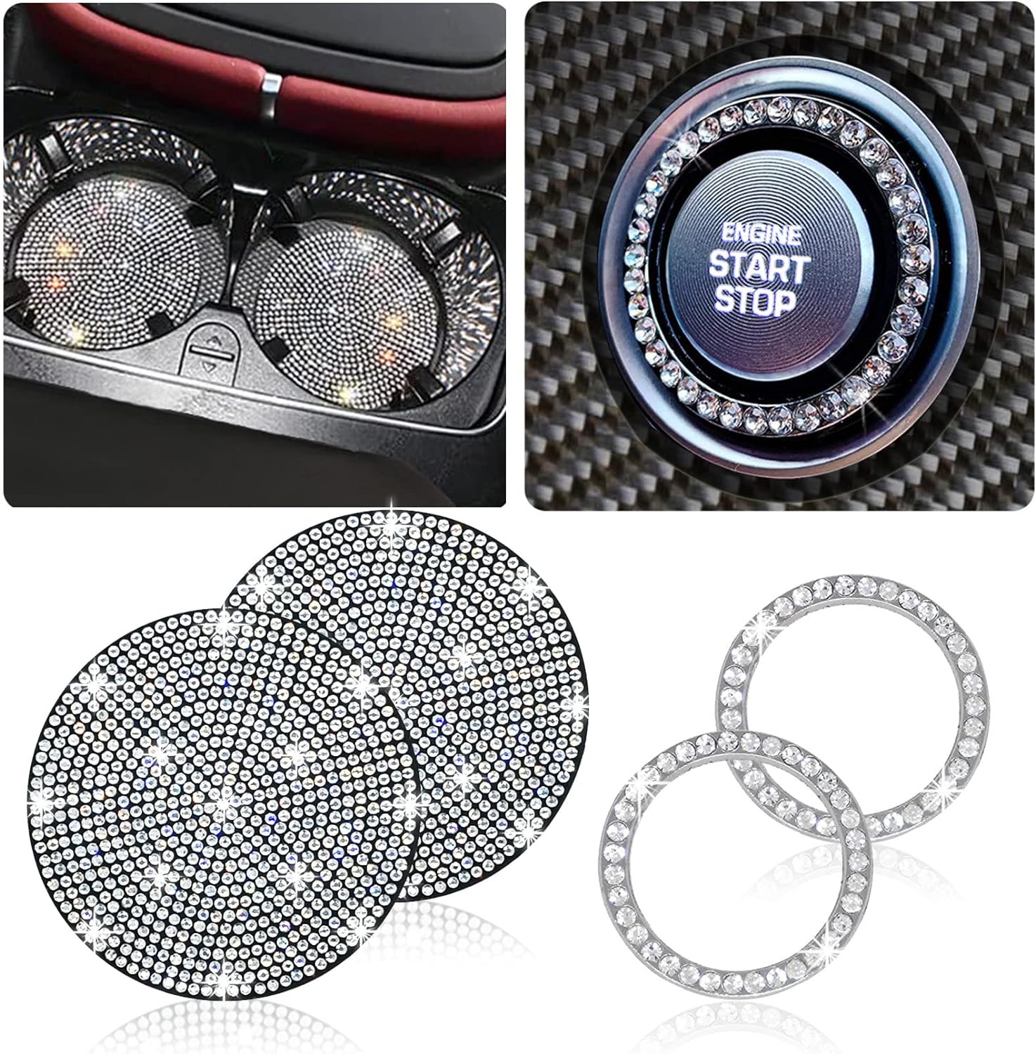 2pcs Bling Car Cup Holder Coasters &amp; 2pcs Push Start Button, 2.75 inch Anti-Slip Shockproof Universal Vehicle Coasters Insert, Bling Car Interior Accessories for Women Suits for Most Cars (White)