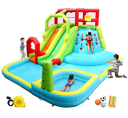 WELLFUNTIME Inflatable Water Slide Park with Splash Pool Climb Wall, 3 Inflatable Sport Balls and 4 Water Guns, Water Slide with Air Blower