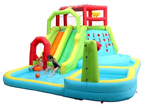 WELLFUNTIME Inflatable Water Slide Park with Splash Pool Climb Wall, 3 Inflatable Sport Balls and 4 Water Guns, Water Slide with Air Blower
