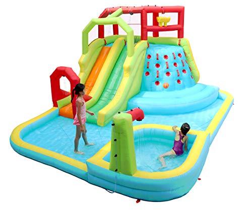 WELLFUNTIME Inflatable Water Slide Park with Splash Pool Climb Wall, 3 Inflatable Sport Balls and 4 Water Guns, Water Slide with Air Blower
