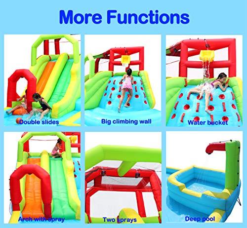 WELLFUNTIME Inflatable Water Slide Park with Splash Pool Climb Wall, 3 Inflatable Sport Balls and 4 Water Guns, Water Slide with Air Blower