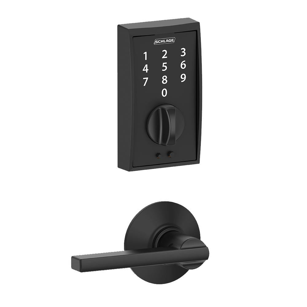 Century Touch Electronic Door Lock Deadbolt and Latitude Lever in Matte Black