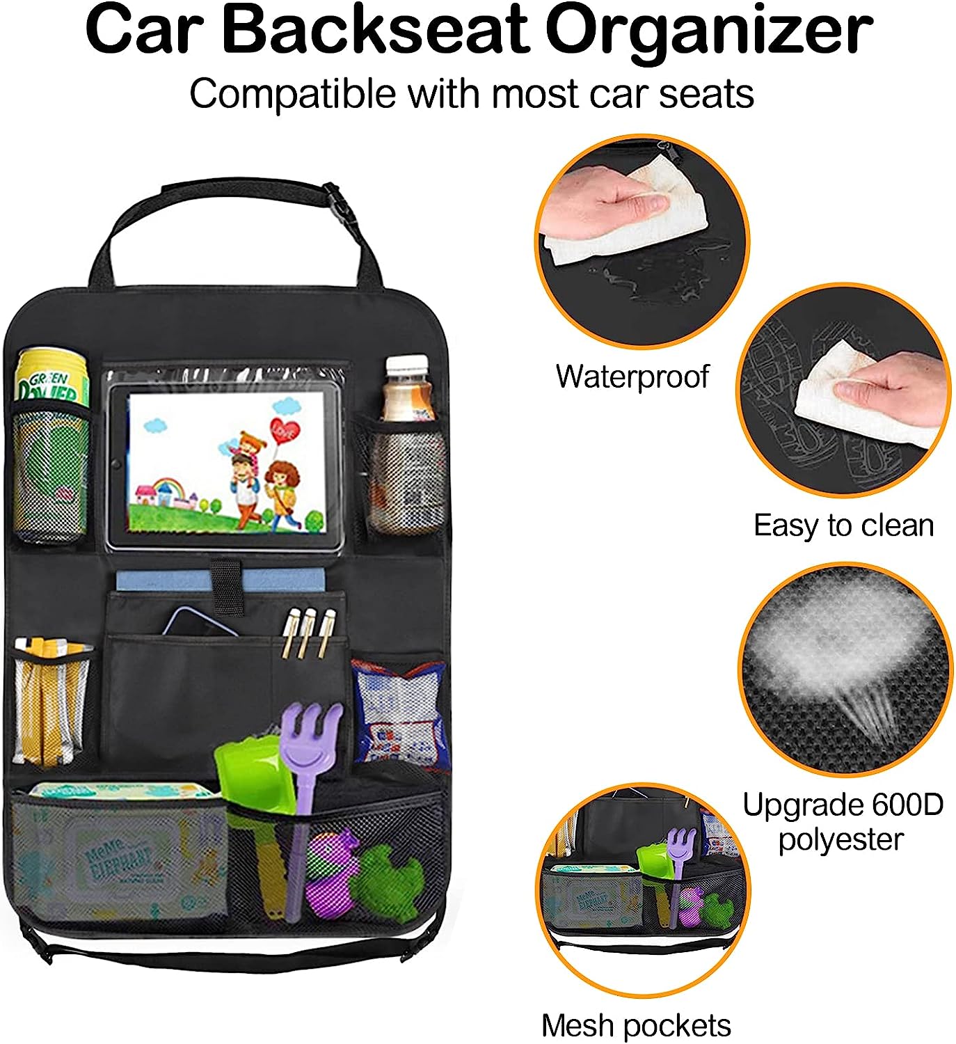 JUCAINHI Car Storage Organizer 2 PCS,Car Backseat Organizer for Kids Durable Waterproof Oxford Fabric with Touchable Tablet Holder 8 Mesh Pockets and 2 Pockets for Snacks Toys,Car Travel Accessories