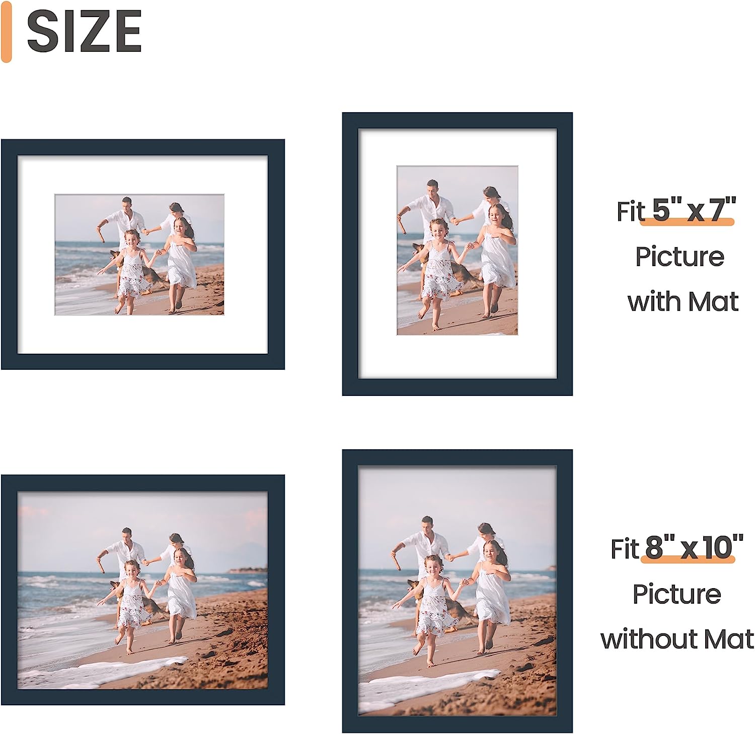 upsimples 8x10 Picture Frame Set of 5,Display Pictures 5x7 with Mat or 8x10 Without Mat,Wall Gallery Photo Frames, Navy Blue