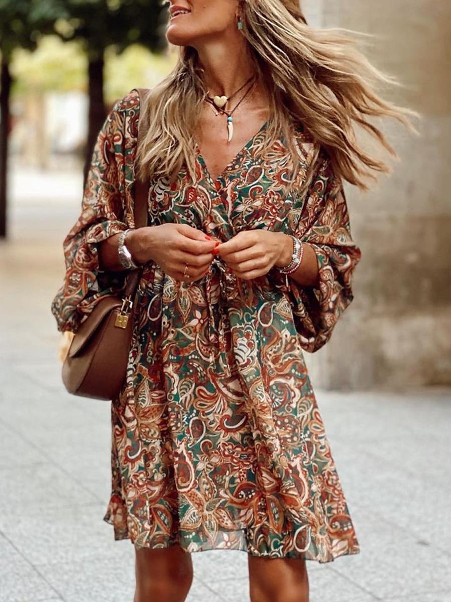 Casual Paisley Print V-neck Wrap Dress Women