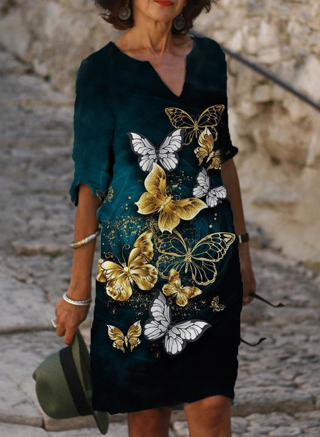 Casual Butterfly Print V-neck Midi Dress Women