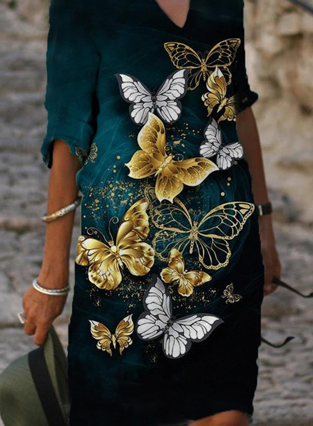 Casual Butterfly Print V-neck Midi Dress Women