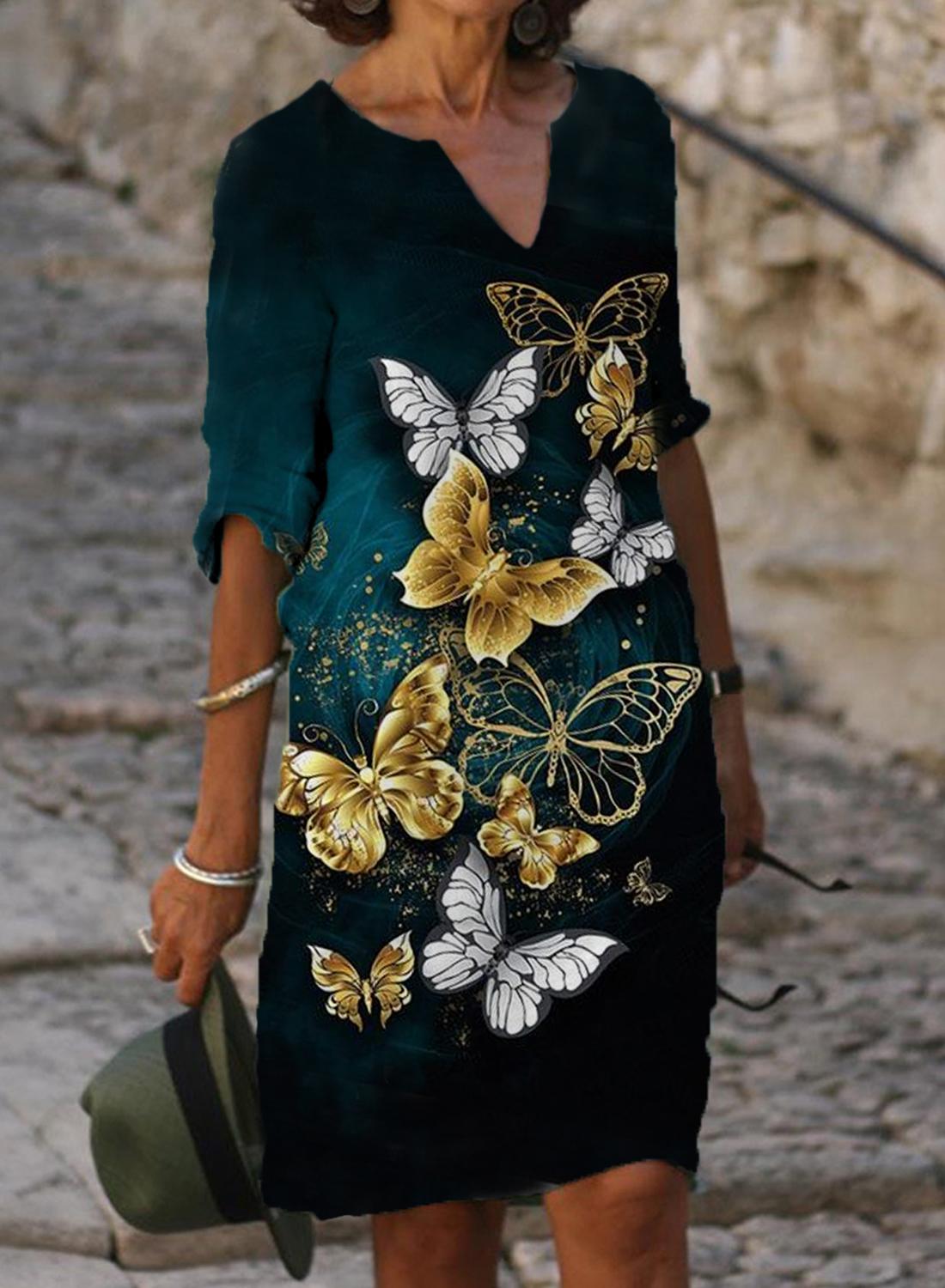Casual Butterfly Print V-neck Midi Dress Women