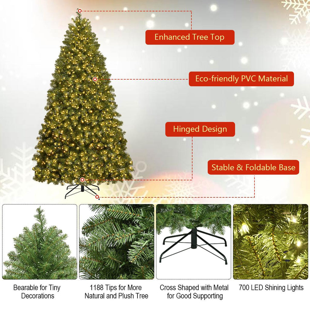 Costway Pre-Lit PVC Christmas Tree 7Ft Spruce Hinged 700 LED Lights