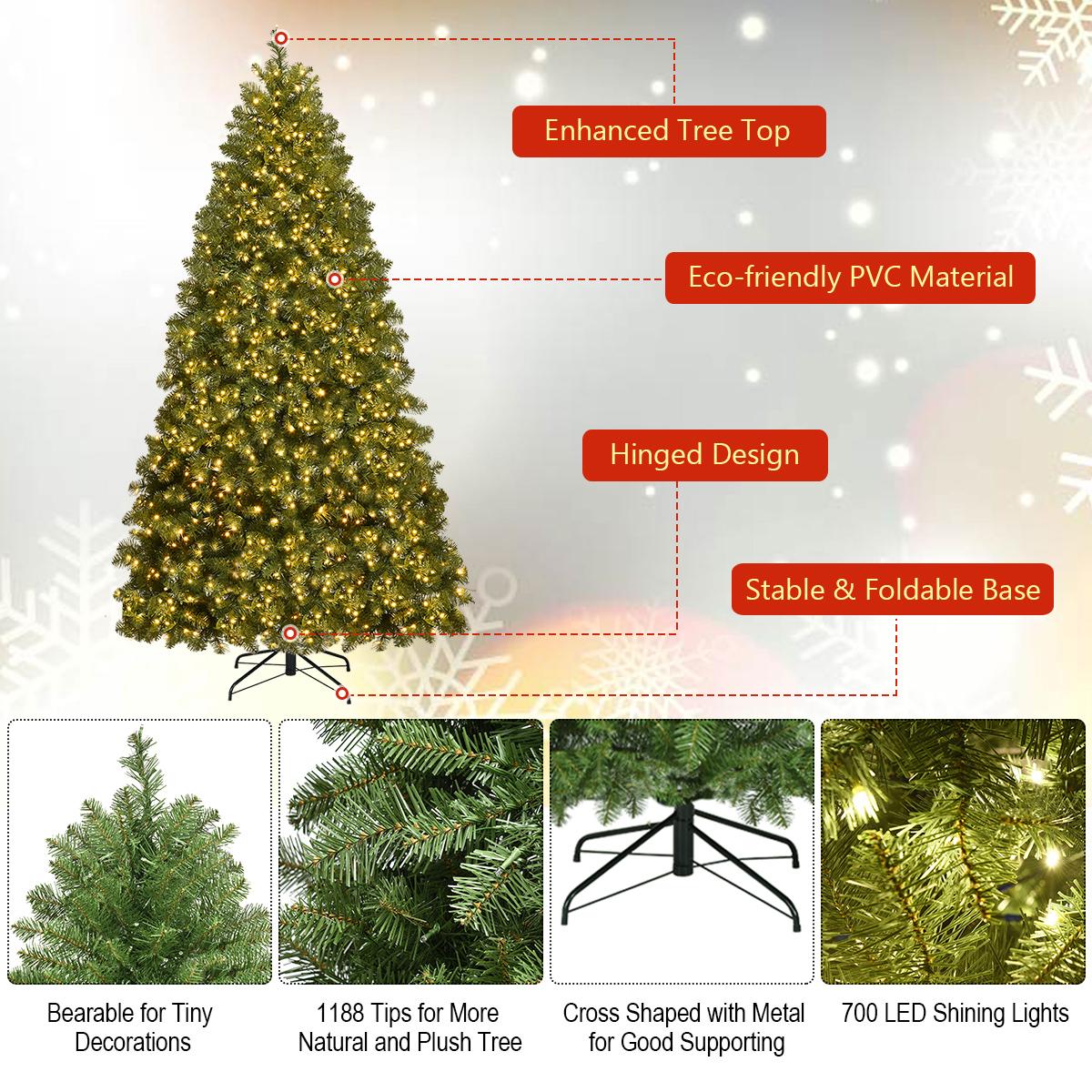 Costway Pre-Lit PVC Christmas Tree 7Ft Spruce Hinged 700 LED Lights