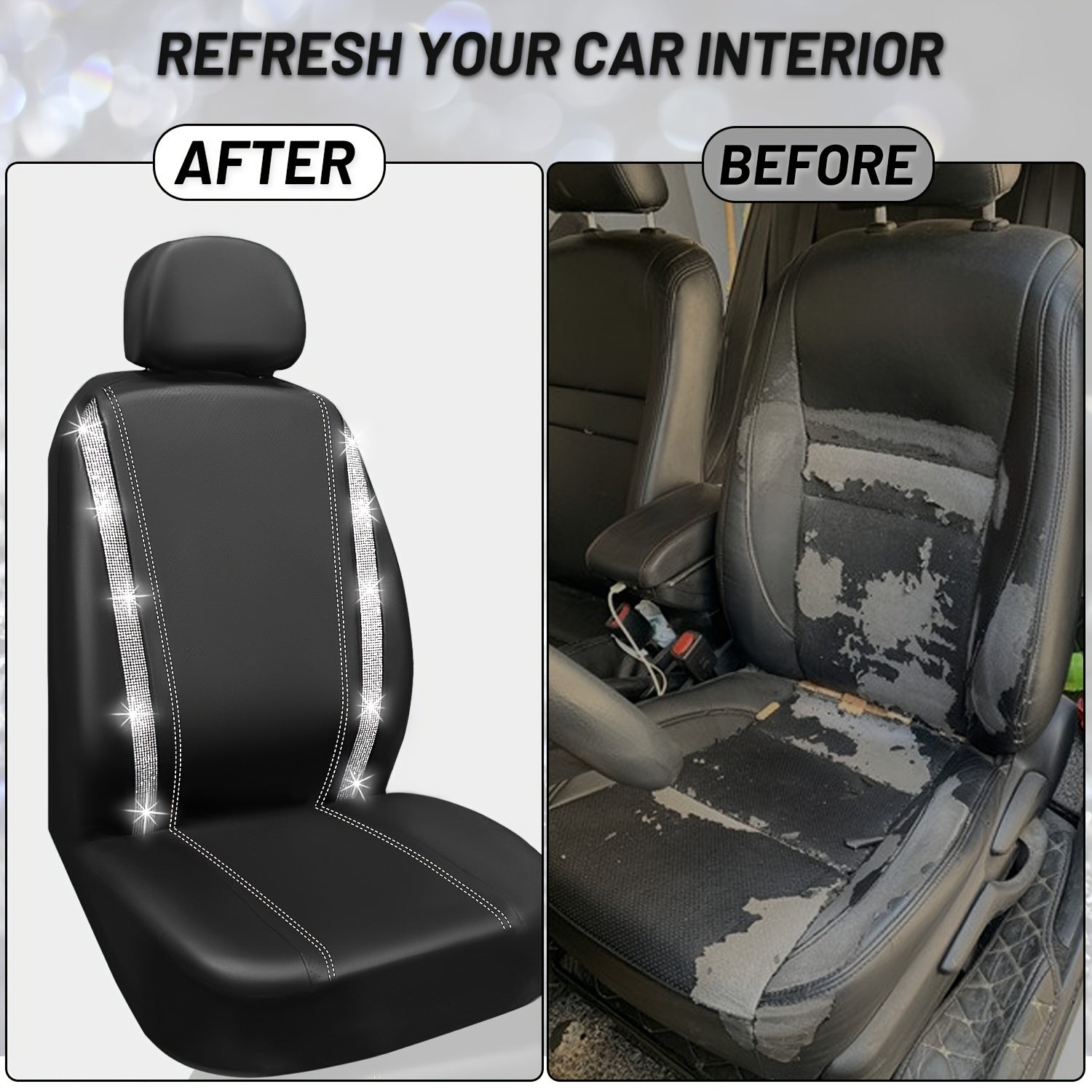 Bling Car Seat Covers Full Set, Shining Rhinestone Waterproof Leather Seat Covers For Women,Universal Fit 95% Automotive, Silver Artificial Diamond