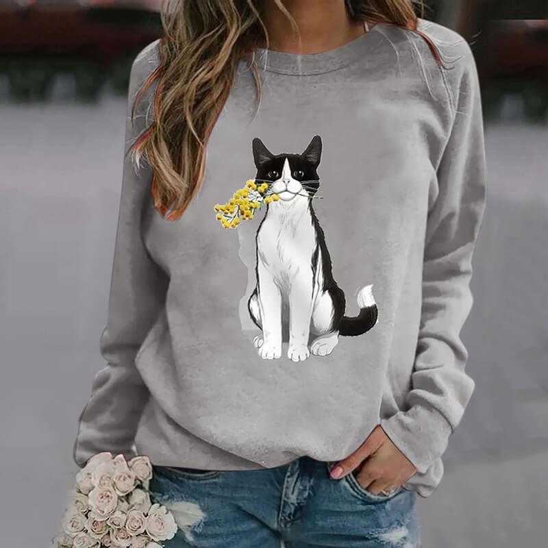 Women's fashion casual cat flower sweater