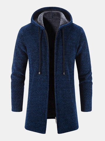 mens chenille knitted plush lined warm drawstring hooded cardigans