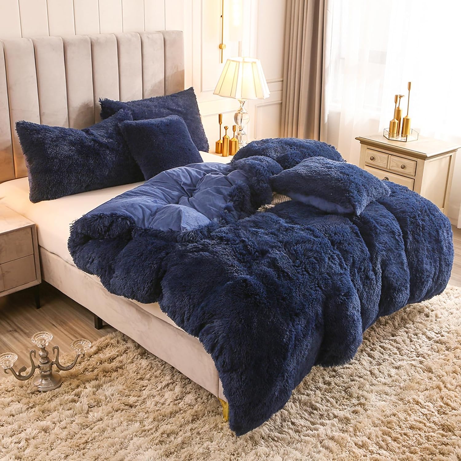 Uhamho Luxury Fluffy 1PC Solid Navy Twin Duvet Cover Faux Fur Plush Shaggy Quilt Cover Comforter Cover Velvet Bedspread Zipper Closure