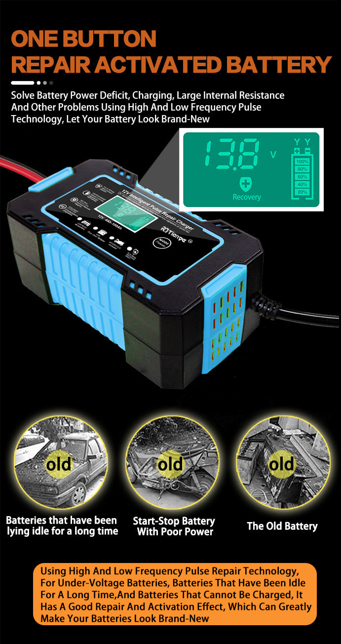 Full Car Motorcycle Battery Charger 12V 6A Auto Pulse Repair LCD Display Smart Fast CharAGM Deep Cycle GEL Lead-Acid Charger