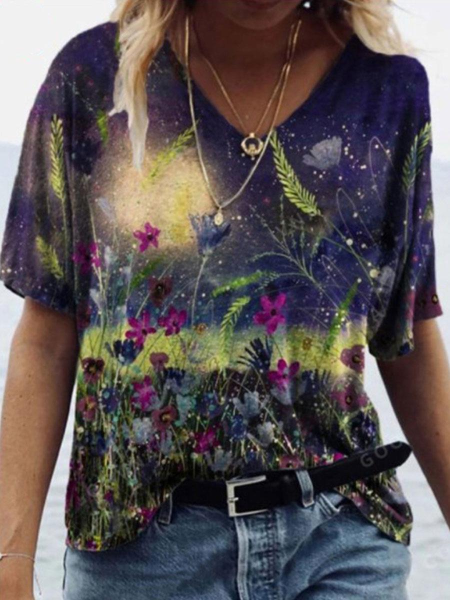 V-neck Floral Print Fashion Short-sleeved T-shirt