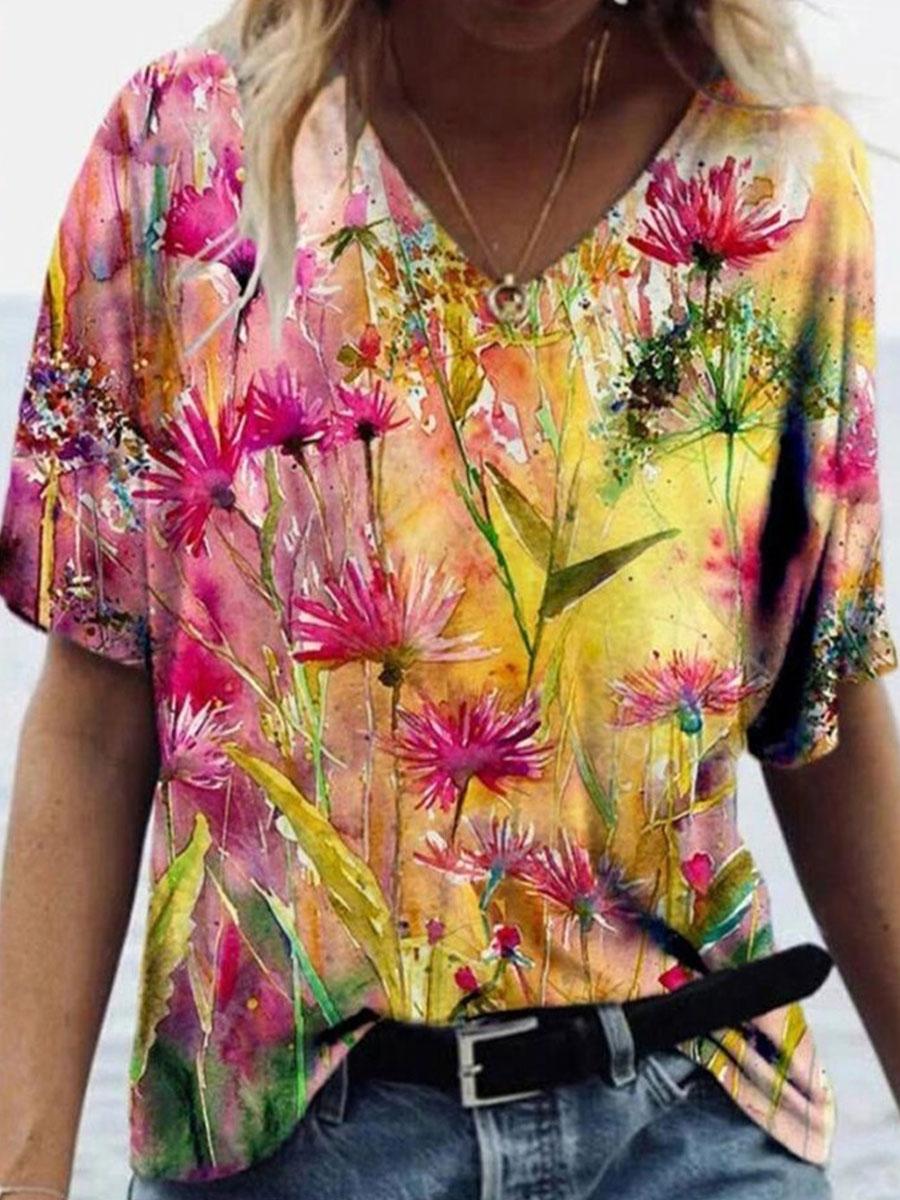 V-neck Floral Print Fashion Short-sleeved T-shirt