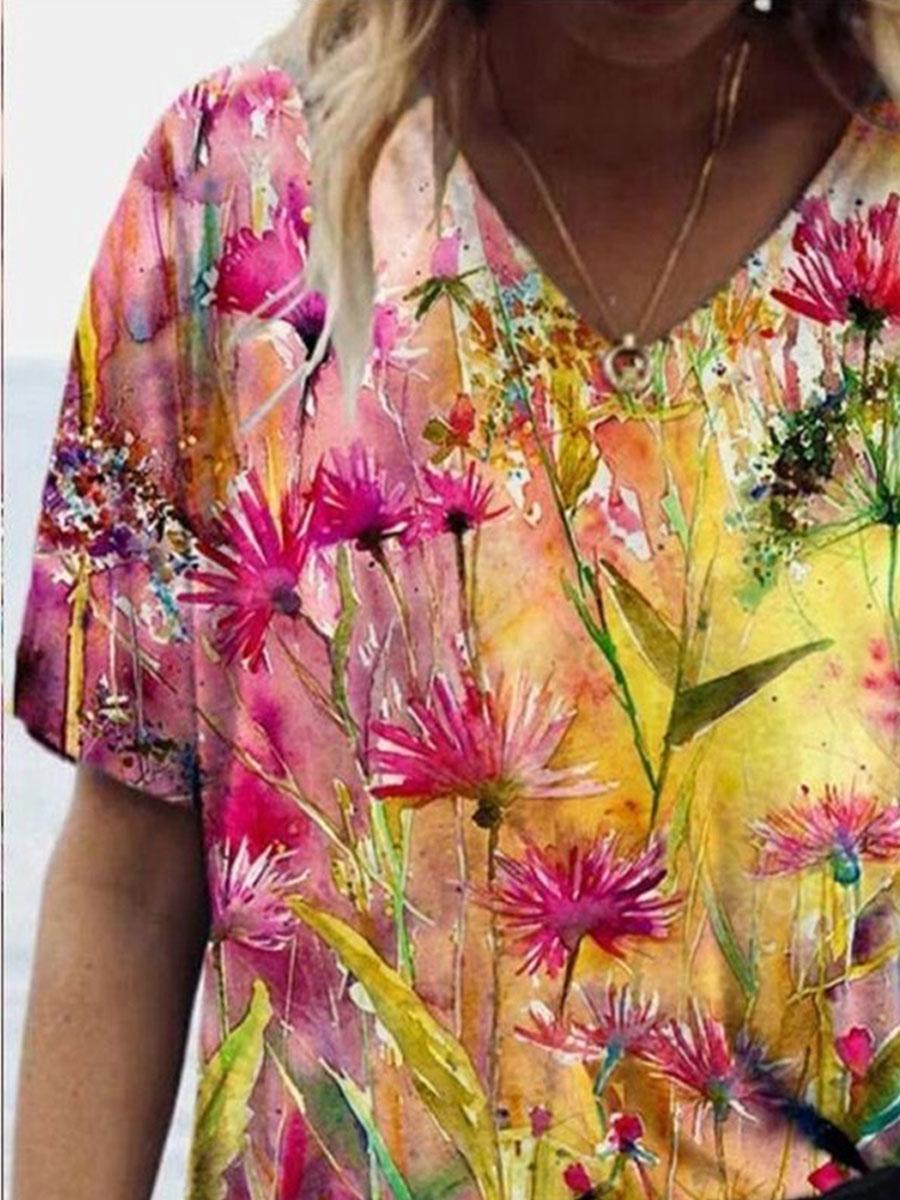 V-neck Floral Print Fashion Short-sleeved T-shirt