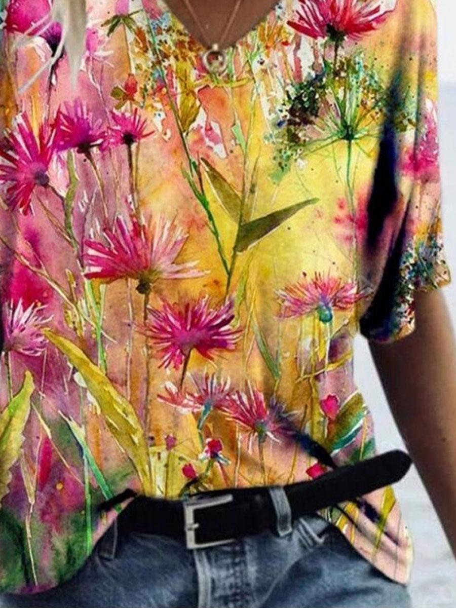 V-neck Floral Print Fashion Short-sleeved T-shirt
