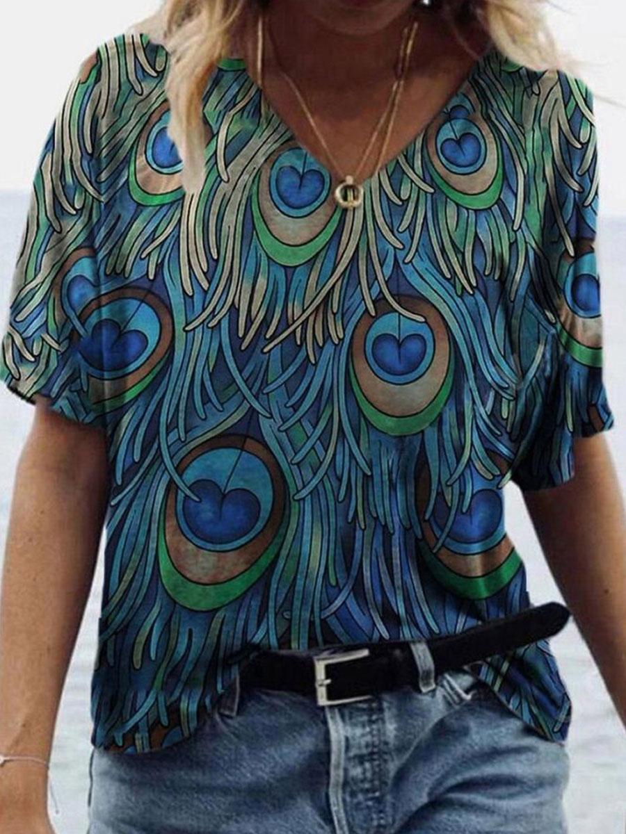 V-neck Floral Print Fashion Short-sleeved T-shirt