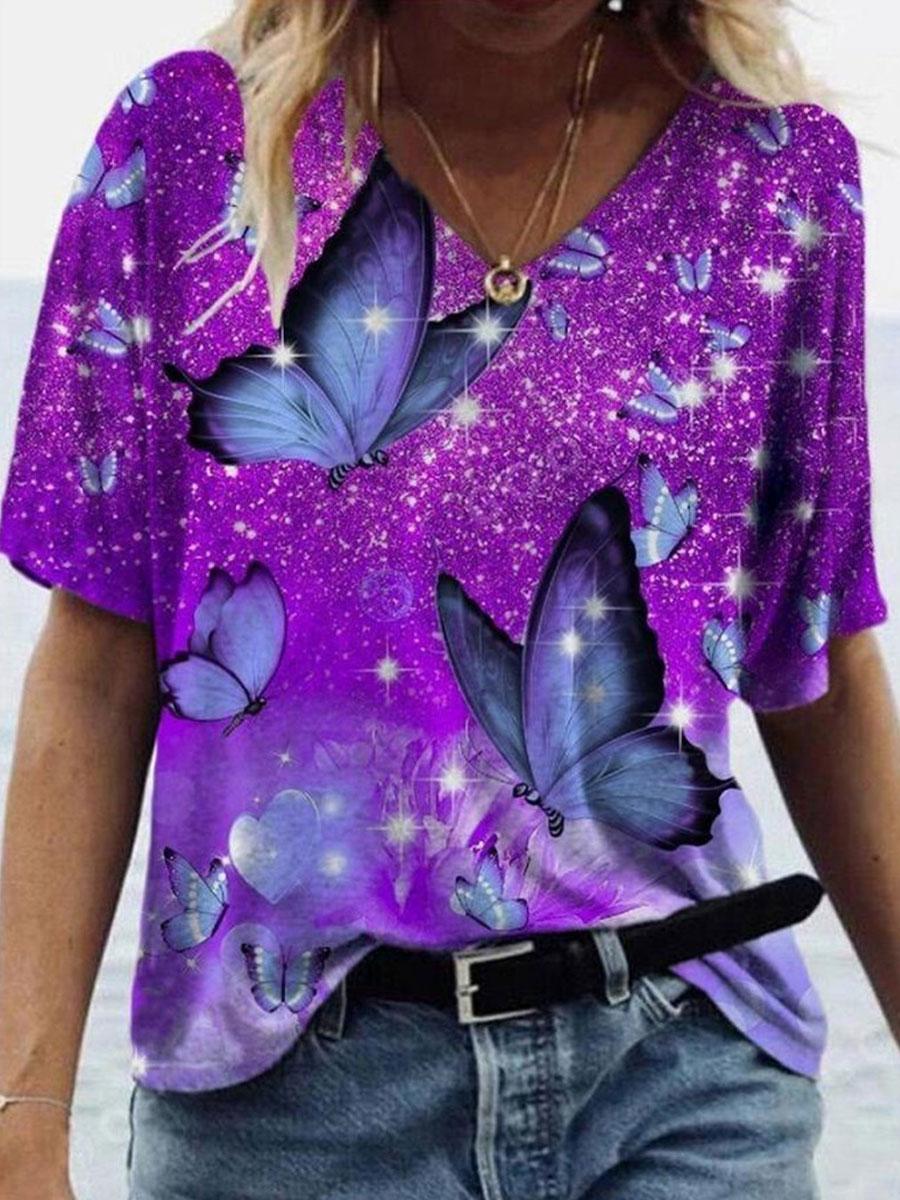 V-neck Floral Print Fashion Short-sleeved T-shirt