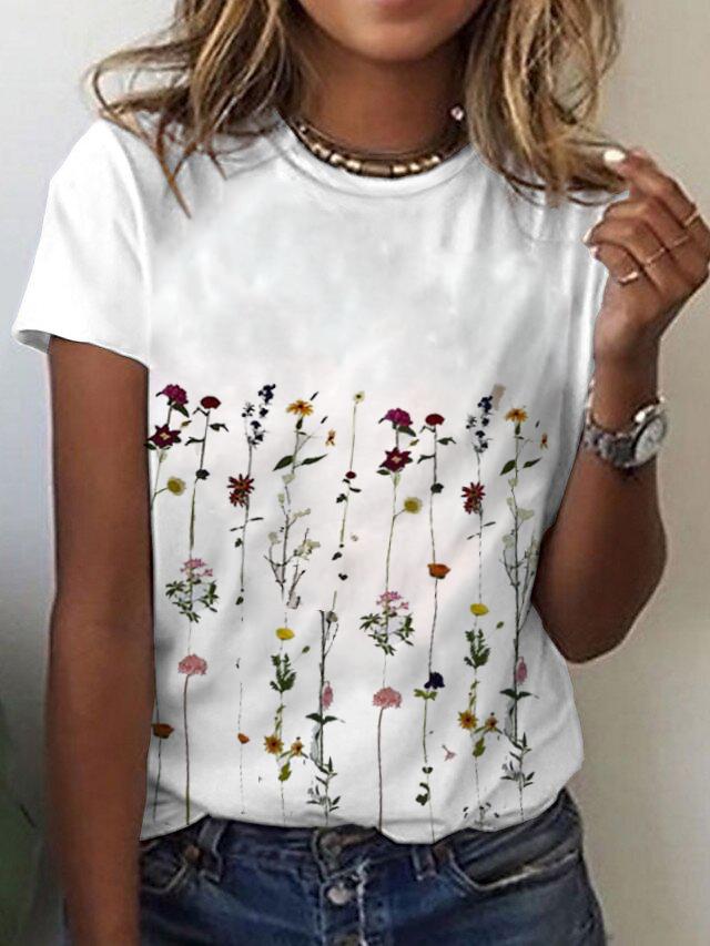 Floral Print Crew Neck Short Sleeves T-shirt