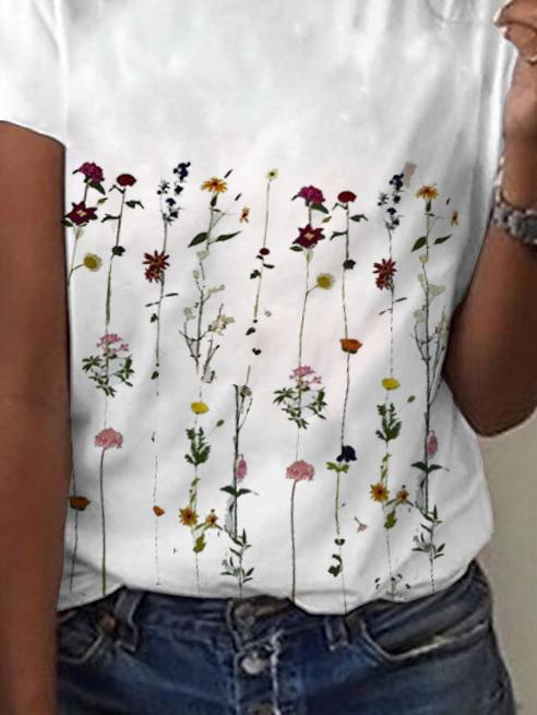 Floral Print Crew Neck Short Sleeves T-shirt