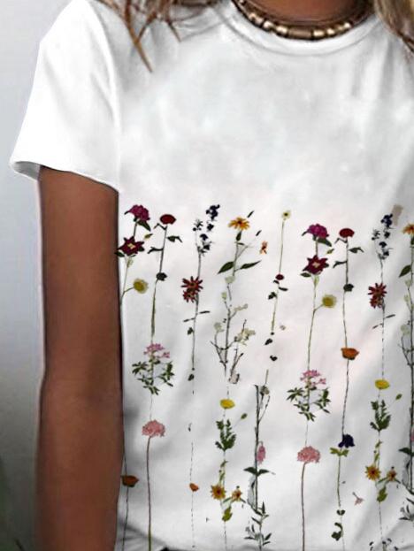 Floral Print Crew Neck Short Sleeves T-shirt