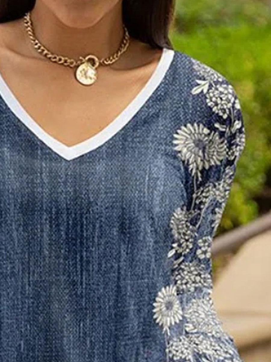 Long-sleeved Floral Print V-neck Casual Fashion T-shirt